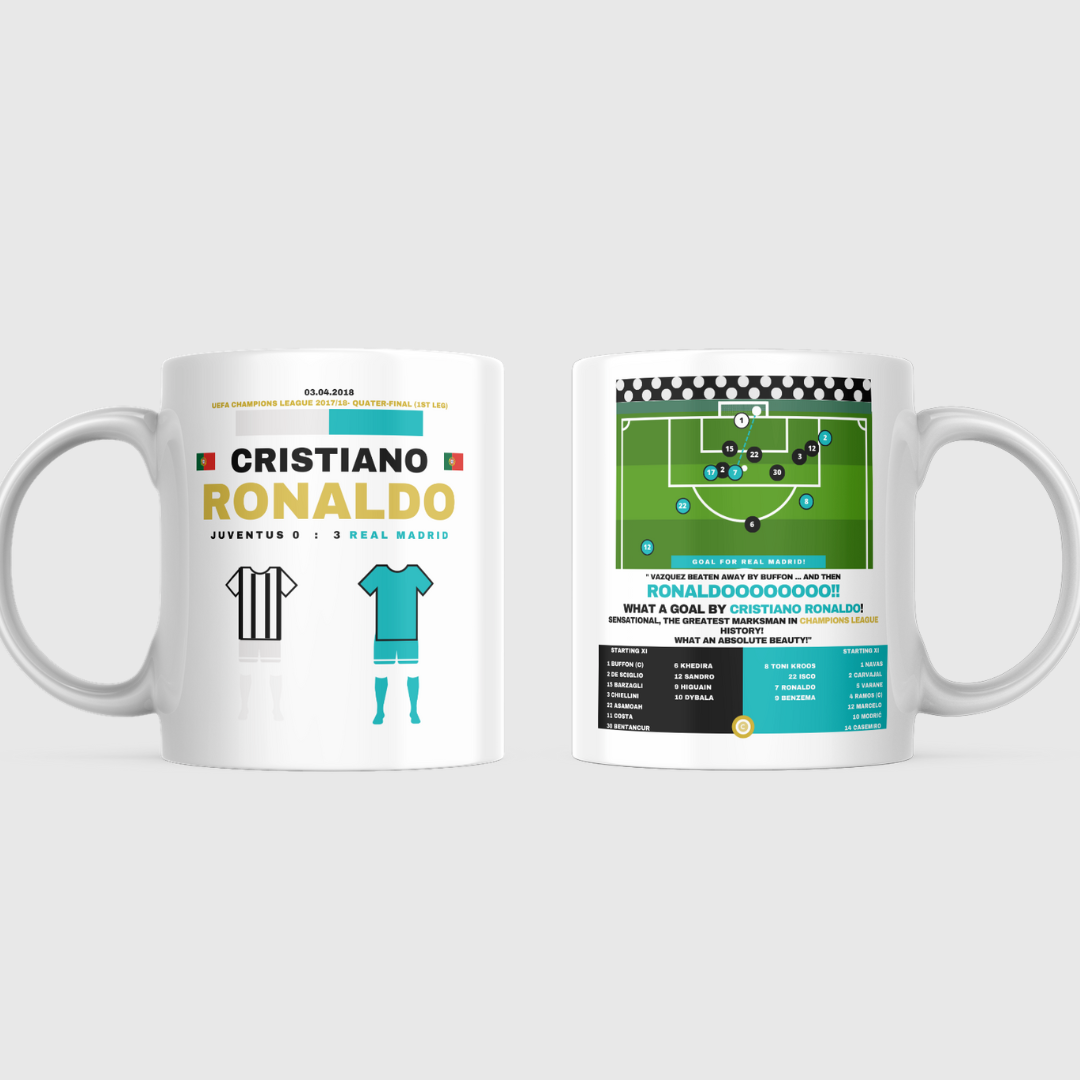 Cristiano Ronaldo vs Juventus Mug - UEFA Champions League 2017/2018 Quarter-Final - Real Madrid - Premium from CatenaccioDesigns - Just €15.50! Shop now at CatenaccioDesigns