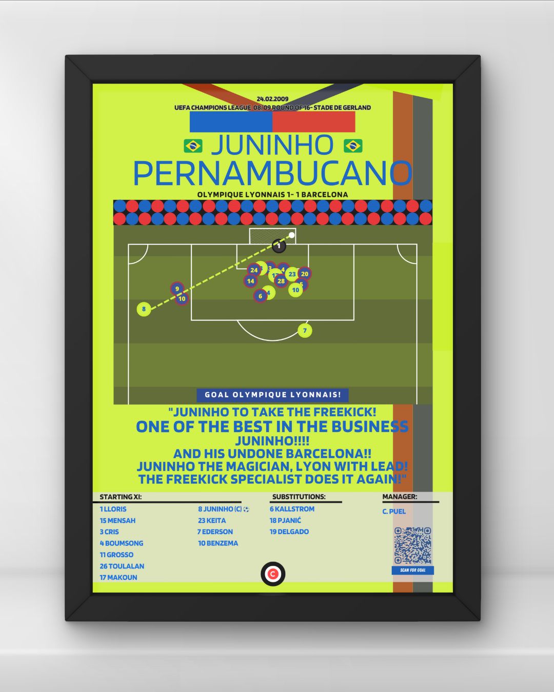 Juninho Freekick goal vs Barcelona- UEFA Champions League 08/09- Olympique Lyonnais - Premium from CatenaccioDesigns - Just €14.50! Shop now at CatenaccioDesigns