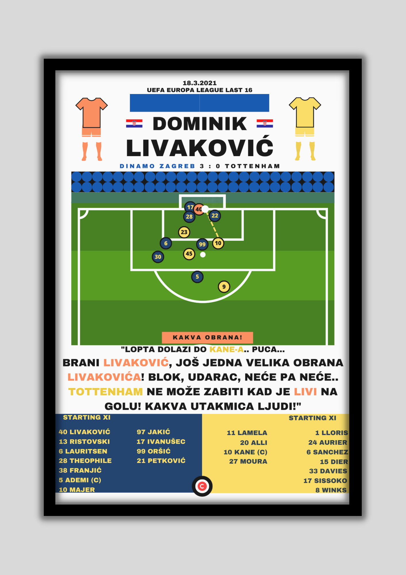 Dominik Livaković save vs Tottenham - UEFA Europa League Round of 16 - Dinamo Zagreb - Premium from CatenaccioDesigns - Just €14.50! Shop now at CatenaccioDesigns