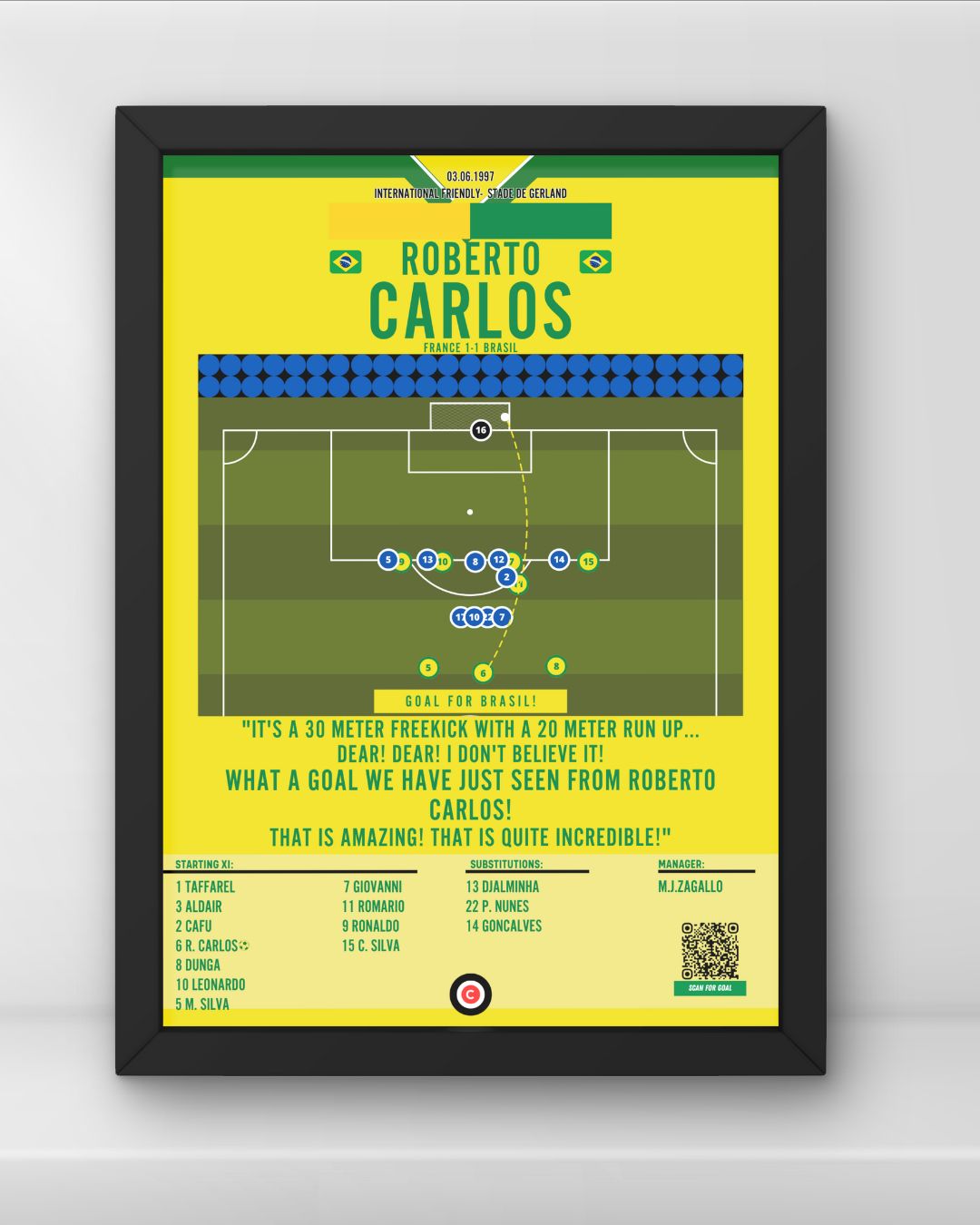 Roberto Carlos iconic freekick against France- Brasil - Premium from CatenaccioDesigns - Just €14.50! Shop now at CatenaccioDesigns
