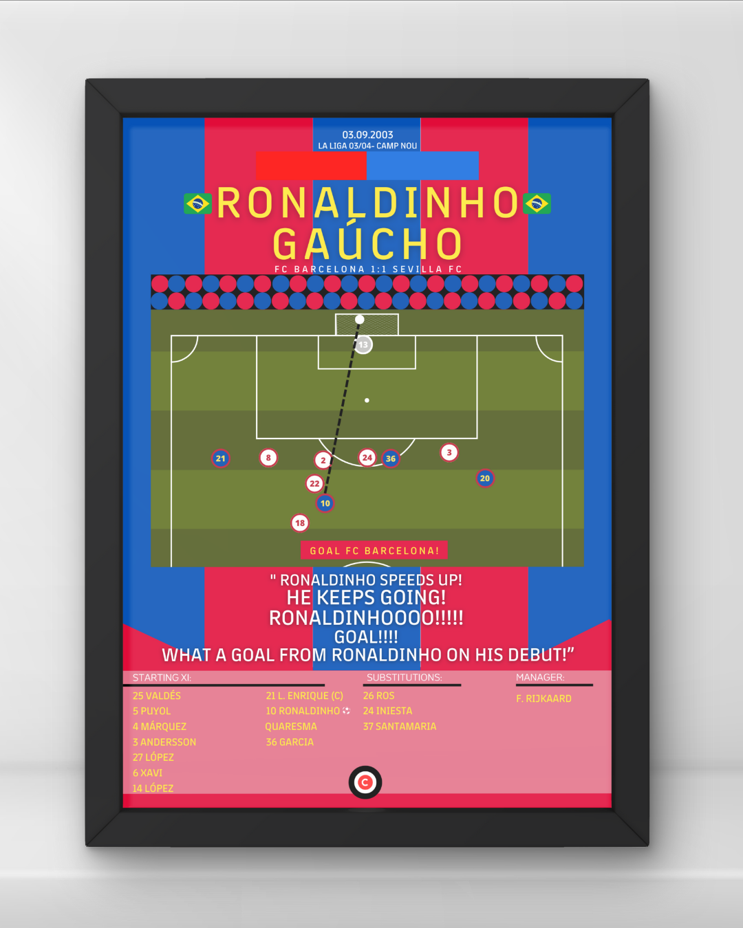 Ronaldinho debut goal for FC Barcelona vs Sevilla- La Liga 03/04- FC Barcelona - Premium from CatenaccioDesigns - Just €14.50! Shop now at CatenaccioDesigns