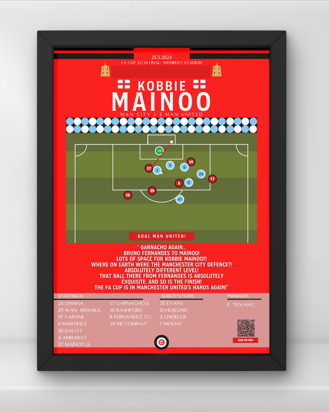 Kobbie Mainoo vs Man City- FA Cup 23/24 Final- Manchester United - Premium from CatenaccioDesigns - Just €14.50! Shop now at CatenaccioDesigns
