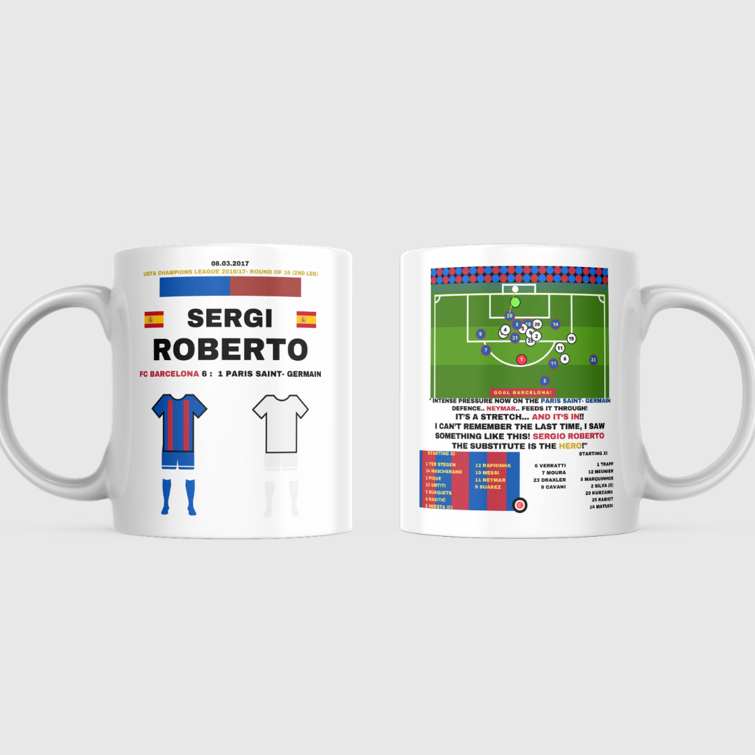 Sergio Roberto vs PSG Mug- UEFA Champions League Round 16 (2nd leg)- FC Barcelona - Premium  from CatenaccioDesigns - Just €14! Shop now at CatenaccioDesigns