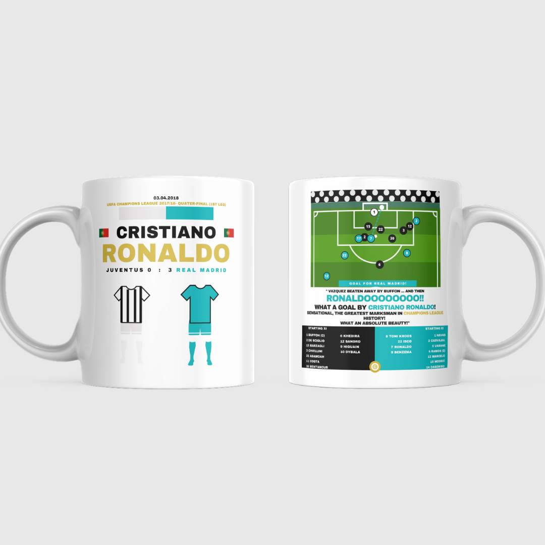 Cristiano Ronaldo vs Juventus Mug - UEFA Champions League 2017/2018 Quarter-Final - Real Madrid - Premium  from CatenaccioDesigns - Just €15.50! Shop now at CatenaccioDesigns