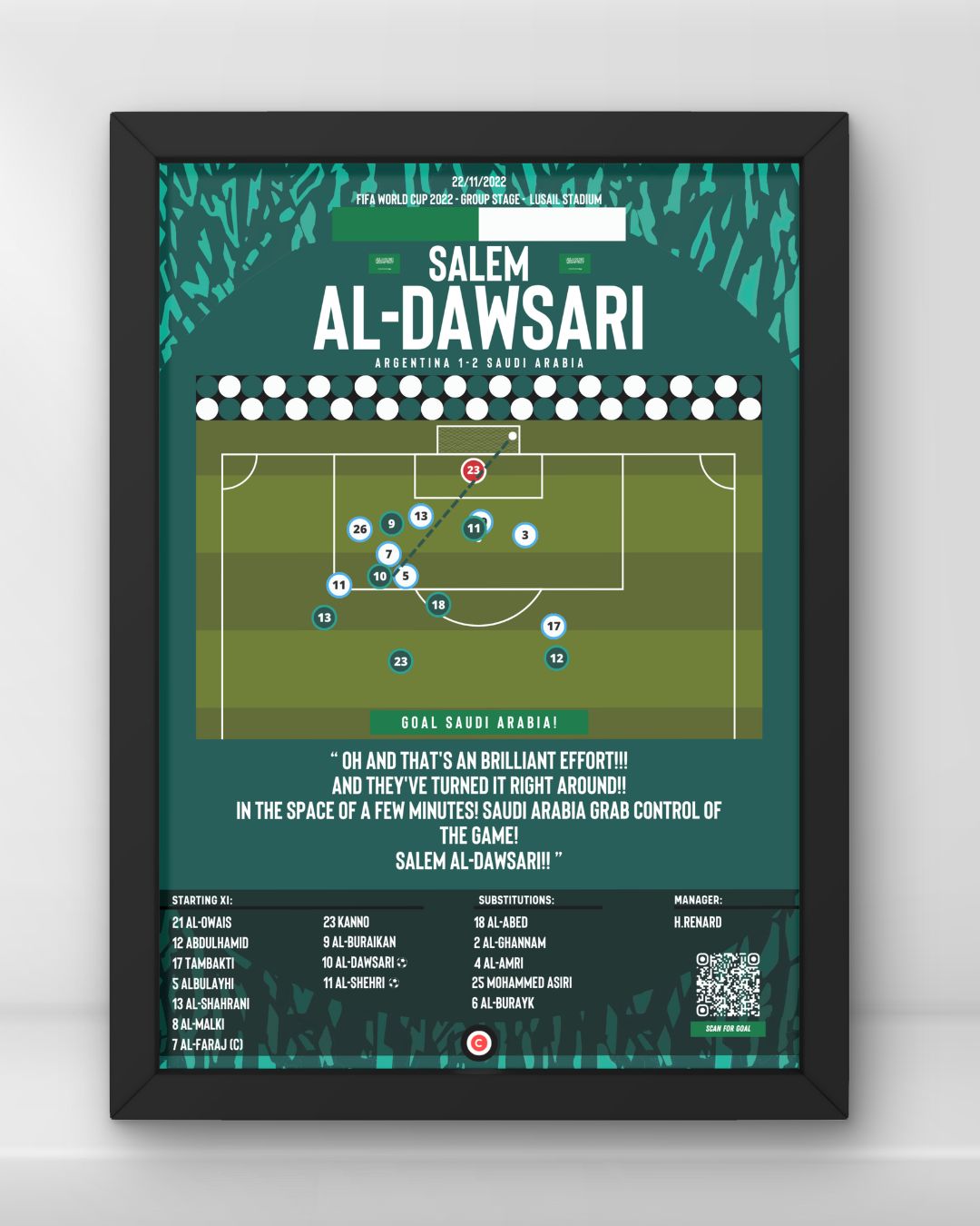 Al-Dawsari sensational winner vs Argentina - FIFA World Cup 2022 - Saudi Arabia - Premium Sports collectibles from CatenaccioDesigns - Just €14.50! Shop now at CatenaccioDesigns