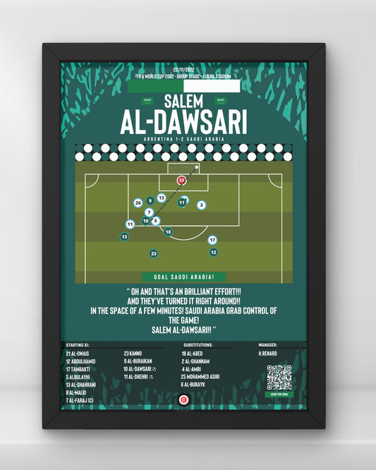 Al-Dawsari sensational winner vs Argentina - FIFA World Cup 2022 - Saudi Arabia - Premium Sports collectibles from CatenaccioDesigns - Just €14.50! Shop now at CatenaccioDesigns