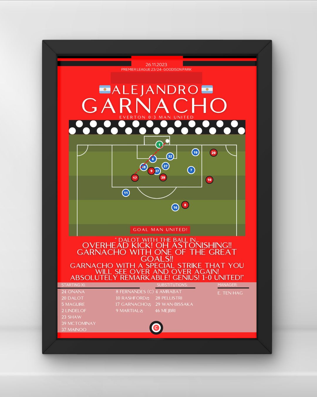 Football Print with frame of Alejandro Garnacho bicycle kick goal against Everton in the Premier League