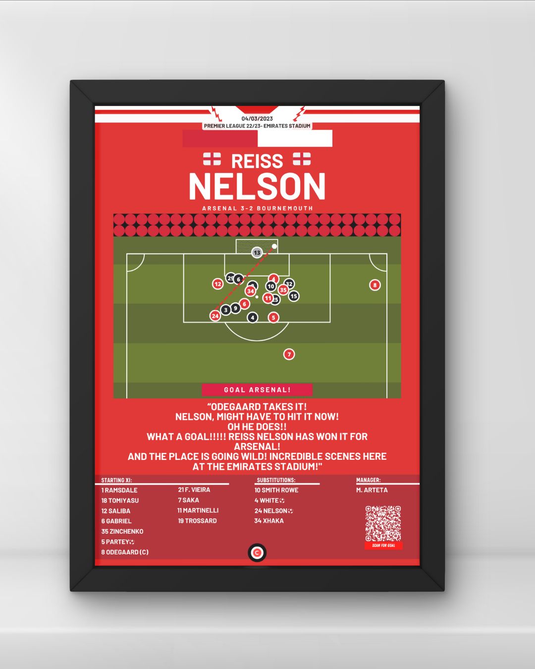 Reiss Nelson winner goal vs Bournemouth- Premier League 22/23- Arsenal - Premium Sports collectibles from CatenaccioDesigns - Just €14.50! Shop now at CatenaccioDesigns