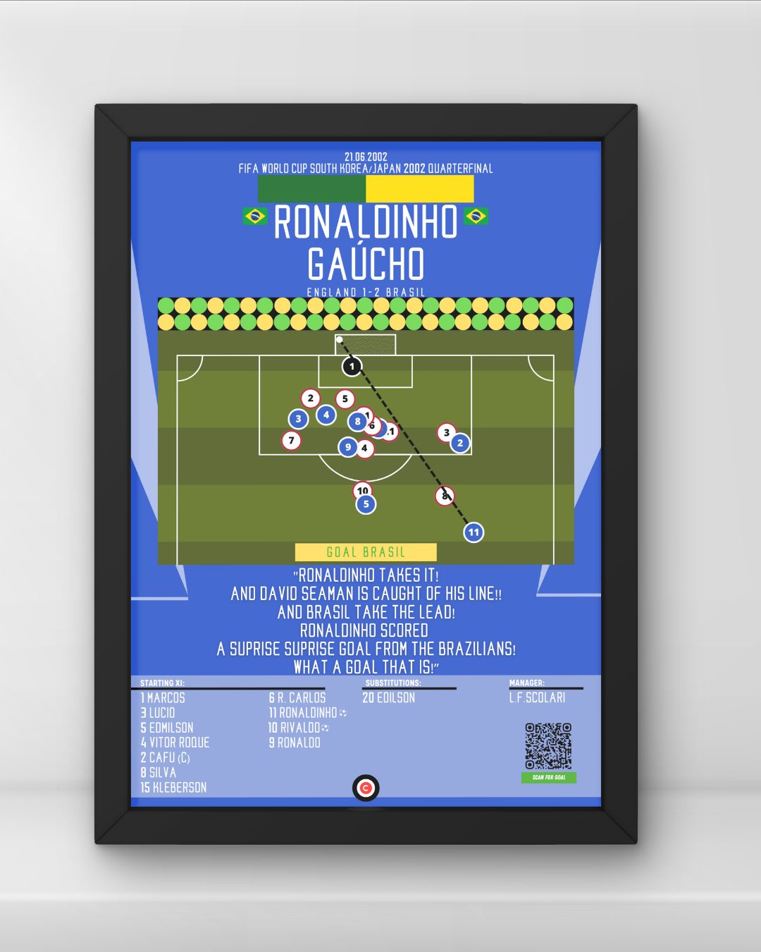 Ronaldinho stunning goal vs England- FIFA World Cup 2002- Brasil - Premium Sports collectibles from CatenaccioDesigns - Just €14.50! Shop now at CatenaccioDesigns