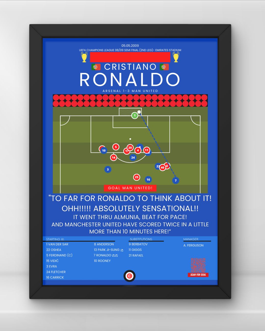 Cristiano Ronaldo amazing freekick goal vs Arsenal- UEFA Champions League 08/09- Manchester United - Premium  from CatenaccioDesigns - Just €8.70! Shop now at CatenaccioDesigns