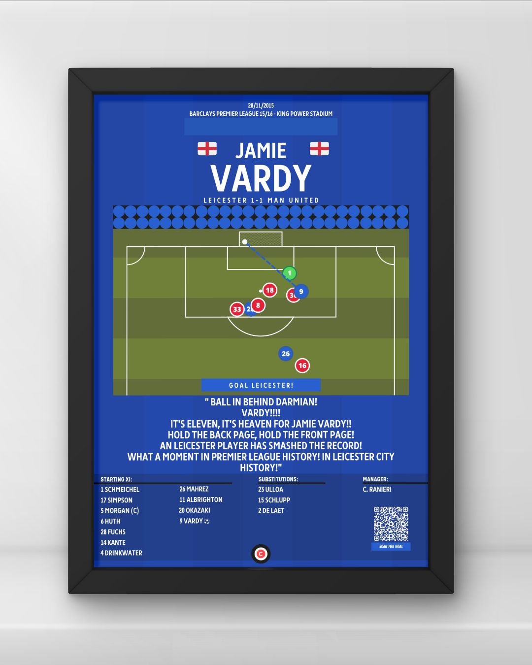 Jamie Vardy record breaking Premier League Goal vs Man United- Premier League 15/16- Leicester City - Premium Sports collectibles from CatenaccioDesigns - Just €14.50! Shop now at CatenaccioDesigns