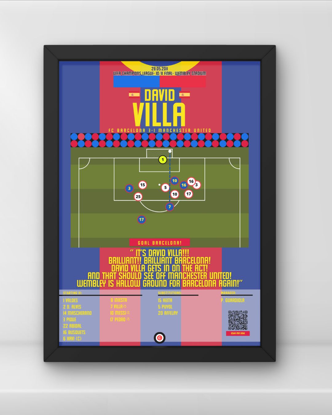 David Villa vs Manchester United- UEFA Champions League 2011 Final- FC Barcelona - Premium Sports collectibles from CatenaccioDesigns - Just €14.50! Shop now at CatenaccioDesigns